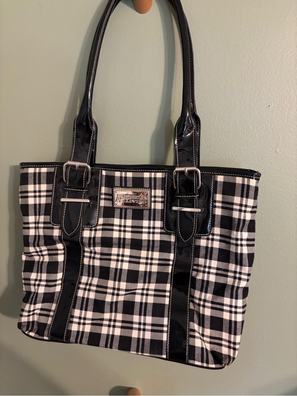 American Living Black and White Plaid Tote with Patent Trim